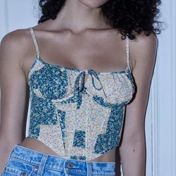 *3 FOR $9* Urban Outfitters Patchwork Crepe Ribbed Underwire Bustier Corset Top - Picture 1 of 5